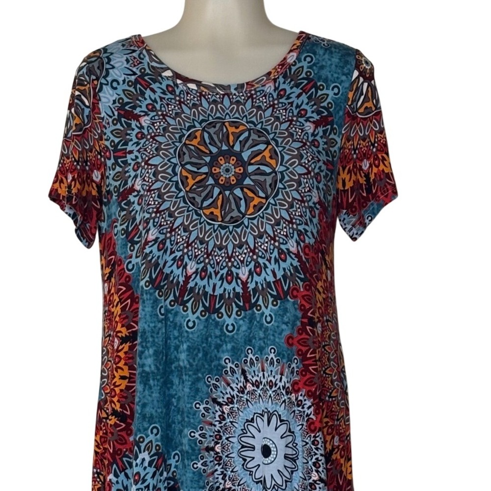 POPYOUNG T-Shirt Dress Women L Multicolor Mandala Print Rayon Soft knit NWOT Fun